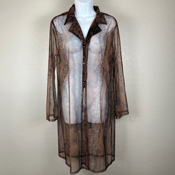 Lisa Jo Sheer Mesh Duster Top Black Brown Animal Print Cover Up Size 15/16 - Picture 1 of 8
